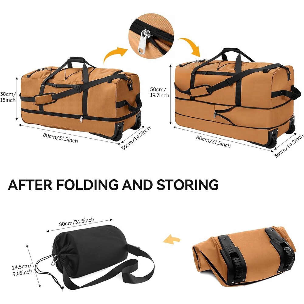 Foldable Duffle Bag with 2 Wheels 110L to 140L Expandable Brown